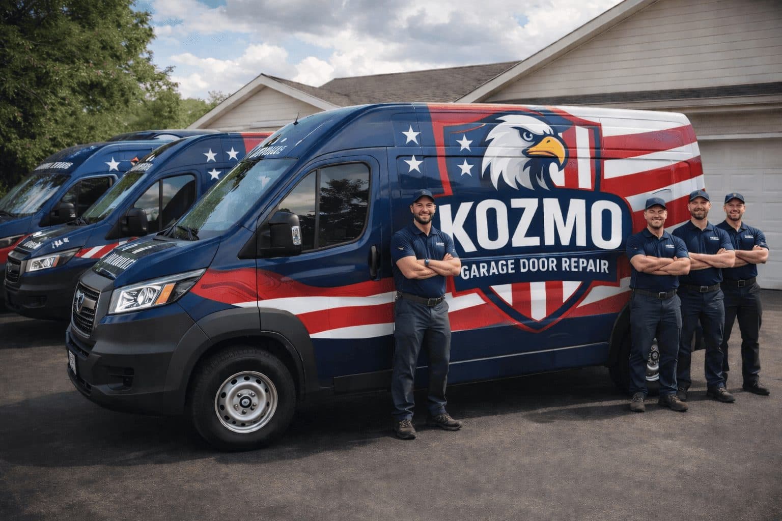 Kozmo Garage Door Repair technicians with branded service vans
